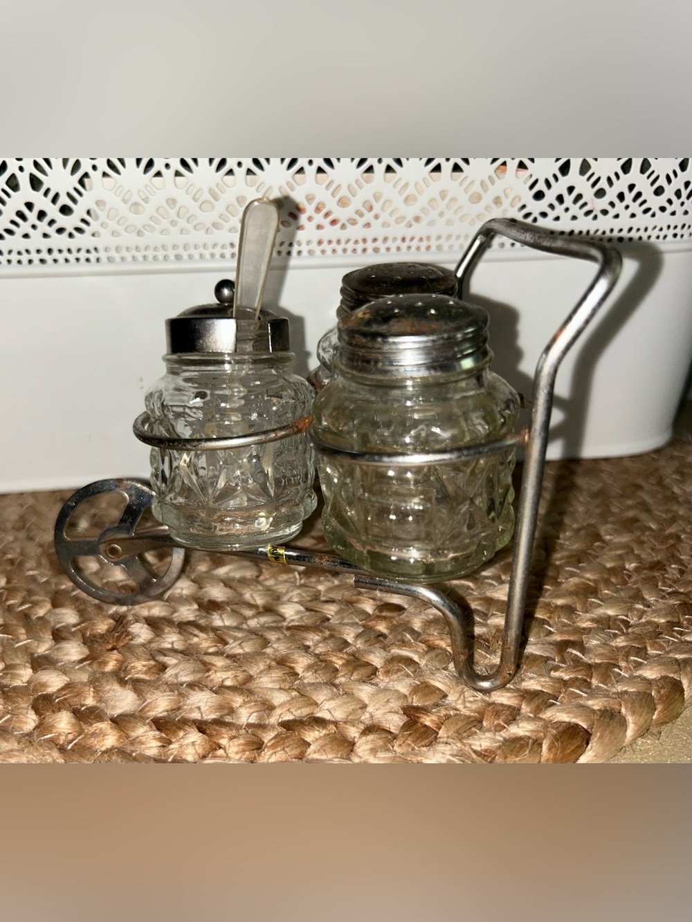 Vintage Anchor Hocking Wheelbarrow with Condiment, Spoon, Salt & Pepper.